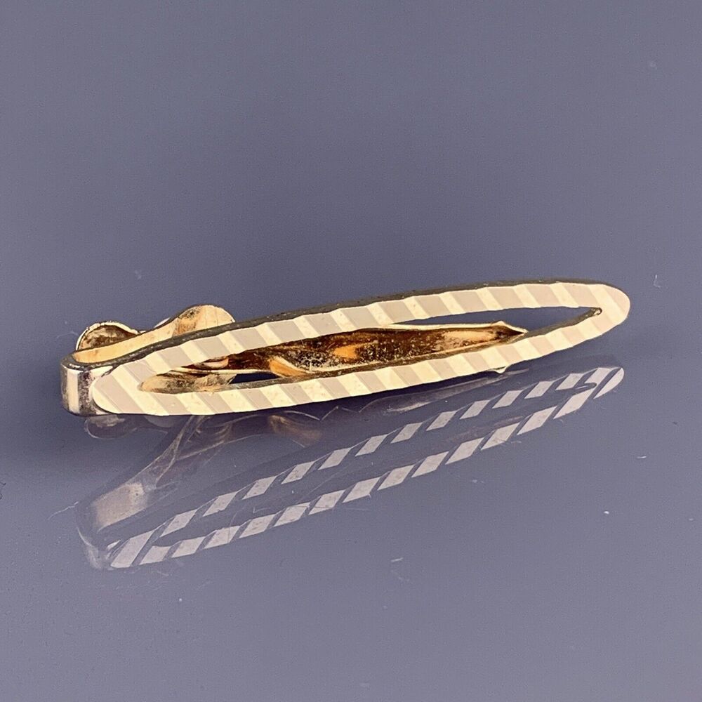 Oval Diagonal Cut Lines Tie Clip Bar Gold Plated Open Simple Karatclad Swank VTG